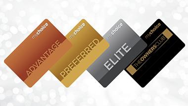 Advantage, Preferred, Elite and Owner's Club Cards on a sparkly white background.
