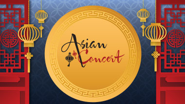 asian doors, chinese lanterns and a gong that says "Asian Concert"