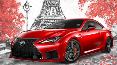 red lexus on black and white paris background with red accents on trees